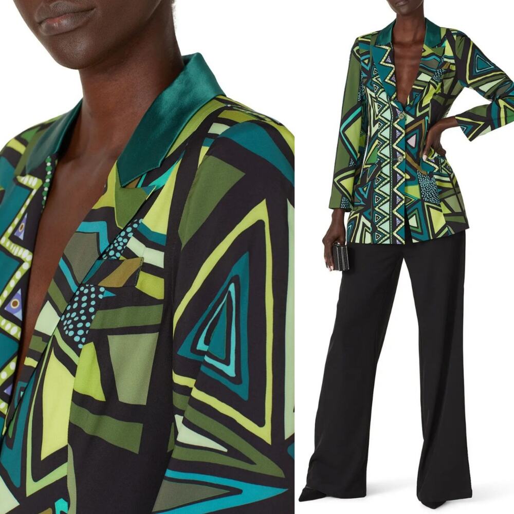 Kahindo Green Geometric Print Tuxedo Blazer Statement Jacket Mini Dress, S EUC - Picture 2 of 7